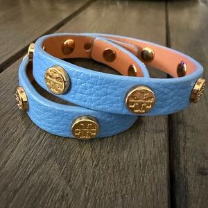 Tory Burch Sky Blue Double-Wrap Leather Logo Stud Bracelet